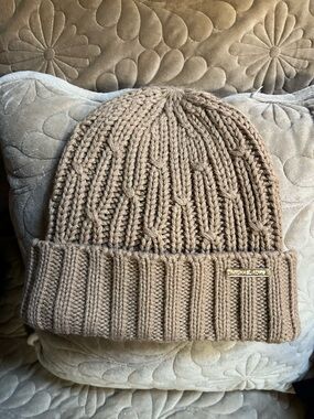 Michael Kors Camel Ribbed Cable Knit Beanie with Gold Logo